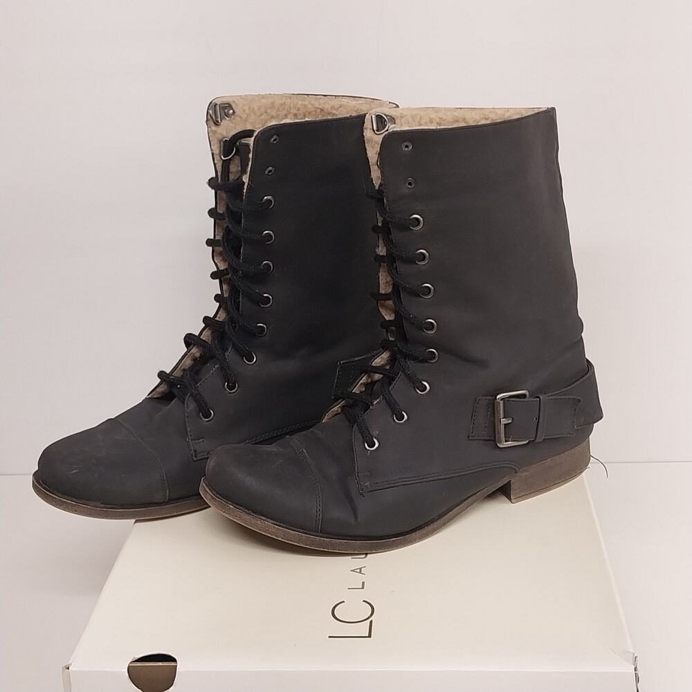 Lauren Conrad Reese Black Faux Fur Combat Boots Women Size 8 Lace Up Side Buckle